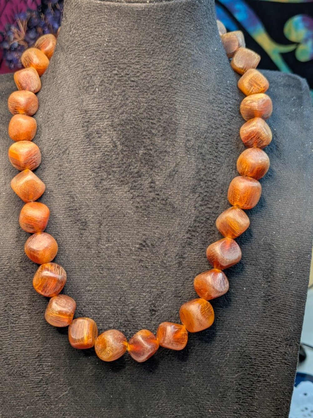 Vintage African Horn Bead Necklace – Warm Amber Brown, Bronze Barrel Clasp